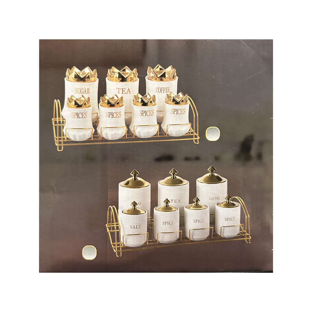 7 Piece Gold Canister Set With Marble Utensils